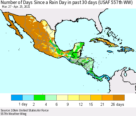 Mexico Central America and the Caribbean Number of Days Since a Rain Day in past 30 days (USAF 557th WW) Thematic Map For 4/21/2021 - 4/25/2021