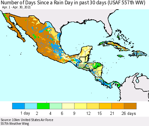Mexico Central America and the Caribbean Number of Days Since a Rain Day in past 30 days (USAF 557th WW) Thematic Map For 4/26/2021 - 4/30/2021