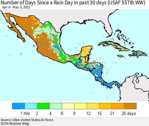 Mexico Central America and the Caribbean Number of Days Since a Rain Day in past 30 days (USAF 557th WW) Thematic Map For 5/1/2021 - 5/5/2021