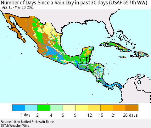Mexico Central America and the Caribbean Number of Days Since a Rain Day in past 30 days (USAF 557th WW) Thematic Map For 5/6/2021 - 5/10/2021