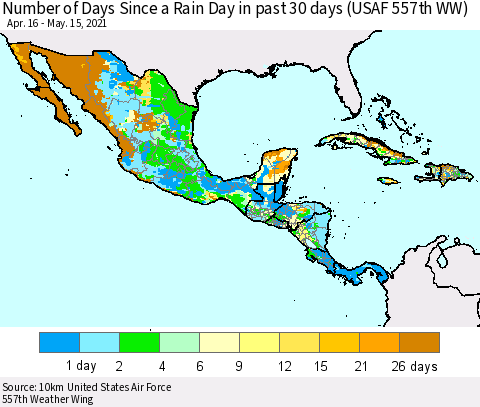 Mexico Central America and the Caribbean Number of Days Since a Rain Day in past 30 days (USAF 557th WW) Thematic Map For 5/11/2021 - 5/15/2021