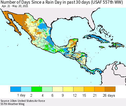 Mexico Central America and the Caribbean Number of Days Since a Rain Day in past 30 days (USAF 557th WW) Thematic Map For 5/16/2021 - 5/20/2021