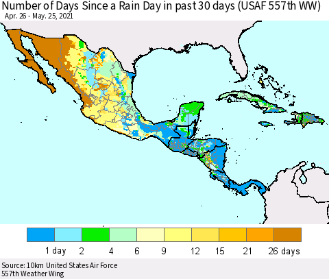 Mexico Central America and the Caribbean Number of Days Since a Rain Day in past 30 days (USAF 557th WW) Thematic Map For 5/21/2021 - 5/25/2021