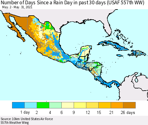 Mexico Central America and the Caribbean Number of Days Since a Rain Day in past 30 days (USAF 557th WW) Thematic Map For 5/26/2021 - 5/31/2021