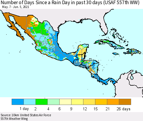 Mexico Central America and the Caribbean Number of Days Since a Rain Day in past 30 days (USAF 557th WW) Thematic Map For 6/1/2021 - 6/5/2021