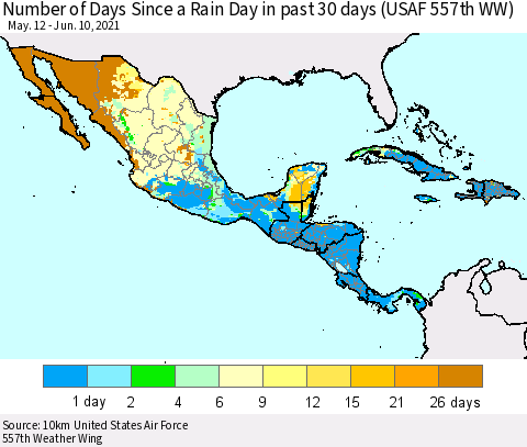 Mexico Central America and the Caribbean Number of Days Since a Rain Day in past 30 days (USAF 557th WW) Thematic Map For 6/6/2021 - 6/10/2021