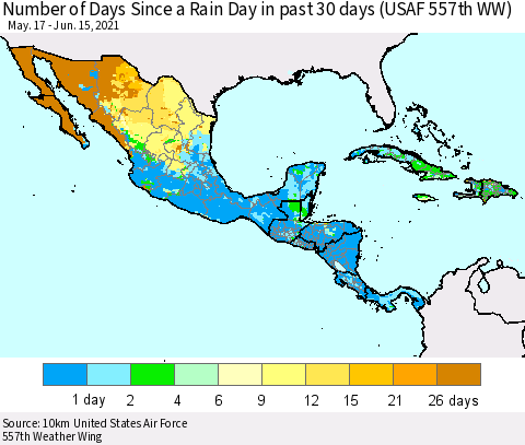 Mexico Central America and the Caribbean Number of Days Since a Rain Day in past 30 days (USAF 557th WW) Thematic Map For 6/11/2021 - 6/15/2021