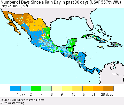 Mexico Central America and the Caribbean Number of Days Since a Rain Day in past 30 days (USAF 557th WW) Thematic Map For 6/16/2021 - 6/20/2021