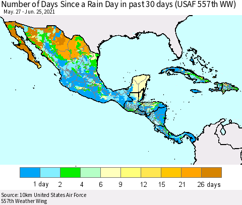 Mexico Central America and the Caribbean Number of Days Since a Rain Day in past 30 days (USAF 557th WW) Thematic Map For 6/21/2021 - 6/25/2021