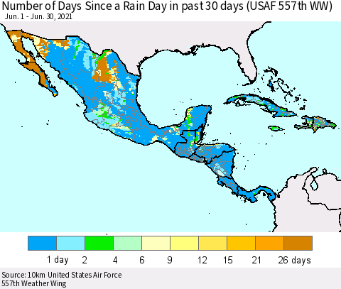 Mexico Central America and the Caribbean Number of Days Since a Rain Day in past 30 days (USAF 557th WW) Thematic Map For 6/26/2021 - 6/30/2021