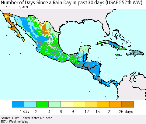 Mexico Central America and the Caribbean Number of Days Since a Rain Day in past 30 days (USAF 557th WW) Thematic Map For 7/1/2021 - 7/5/2021