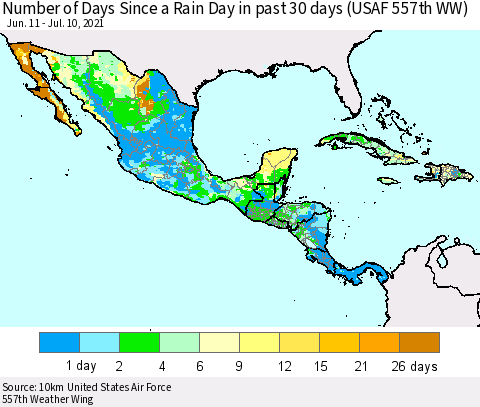 Mexico Central America and the Caribbean Number of Days Since a Rain Day in past 30 days (USAF 557th WW) Thematic Map For 7/6/2021 - 7/10/2021