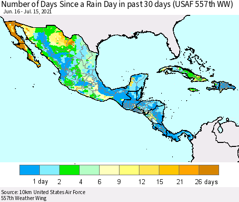 Mexico Central America and the Caribbean Number of Days Since a Rain Day in past 30 days (USAF 557th WW) Thematic Map For 7/11/2021 - 7/15/2021