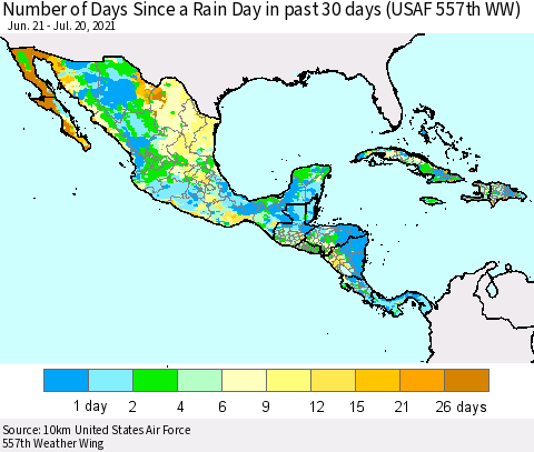 Mexico Central America and the Caribbean Number of Days Since a Rain Day in past 30 days (USAF 557th WW) Thematic Map For 7/16/2021 - 7/20/2021