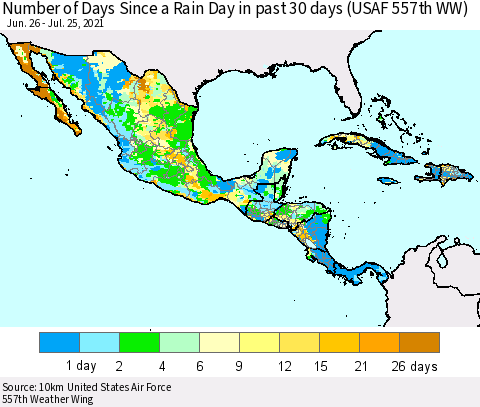 Mexico Central America and the Caribbean Number of Days Since a Rain Day in past 30 days (USAF 557th WW) Thematic Map For 7/21/2021 - 7/25/2021