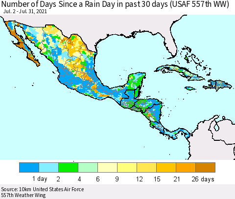 Mexico Central America and the Caribbean Number of Days Since a Rain Day in past 30 days (USAF 557th WW) Thematic Map For 7/26/2021 - 7/31/2021