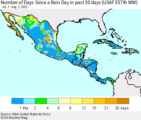 Mexico Central America and the Caribbean Number of Days Since a Rain Day in past 30 days (USAF 557th WW) Thematic Map For 8/1/2021 - 8/5/2021
