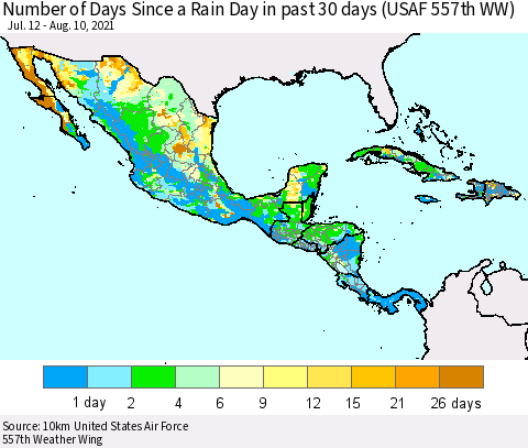 Mexico Central America and the Caribbean Number of Days Since a Rain Day in past 30 days (USAF 557th WW) Thematic Map For 8/6/2021 - 8/10/2021