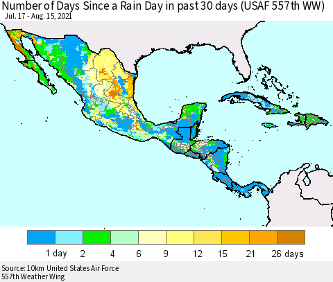 Mexico Central America and the Caribbean Number of Days Since a Rain Day in past 30 days (USAF 557th WW) Thematic Map For 8/11/2021 - 8/15/2021