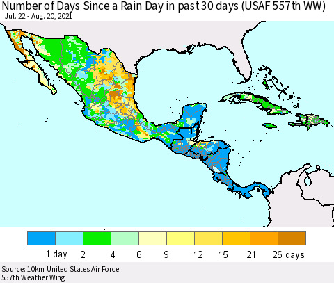 Mexico Central America and the Caribbean Number of Days Since a Rain Day in past 30 days (USAF 557th WW) Thematic Map For 8/16/2021 - 8/20/2021