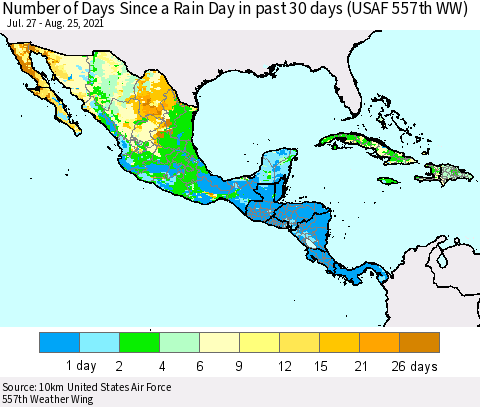 Mexico Central America and the Caribbean Number of Days Since a Rain Day in past 30 days (USAF 557th WW) Thematic Map For 8/21/2021 - 8/25/2021