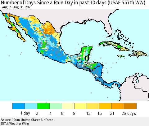 Mexico Central America and the Caribbean Number of Days Since a Rain Day in past 30 days (USAF 557th WW) Thematic Map For 8/26/2021 - 8/31/2021