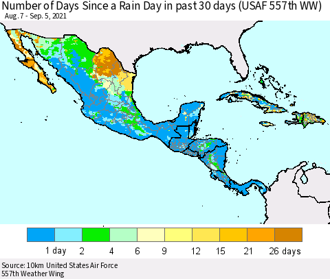 Mexico Central America and the Caribbean Number of Days Since a Rain Day in past 30 days (USAF 557th WW) Thematic Map For 9/1/2021 - 9/5/2021