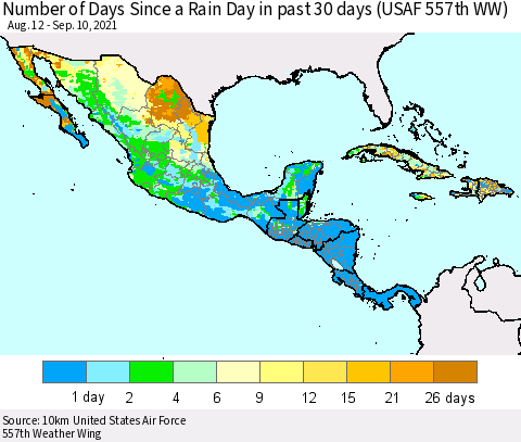 Mexico Central America and the Caribbean Number of Days Since a Rain Day in past 30 days (USAF 557th WW) Thematic Map For 9/6/2021 - 9/10/2021