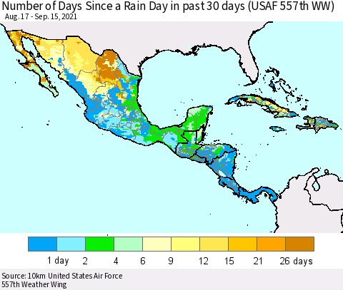 Mexico Central America and the Caribbean Number of Days Since a Rain Day in past 30 days (USAF 557th WW) Thematic Map For 9/11/2021 - 9/15/2021