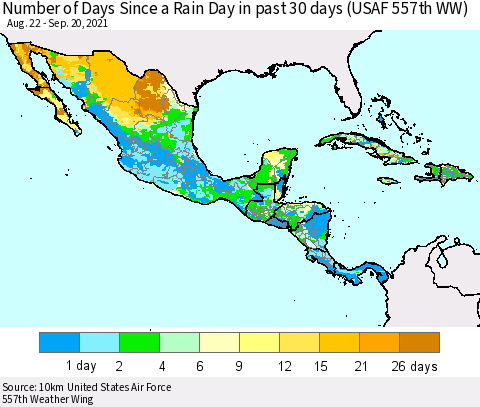 Mexico Central America and the Caribbean Number of Days Since a Rain Day in past 30 days (USAF 557th WW) Thematic Map For 9/16/2021 - 9/20/2021