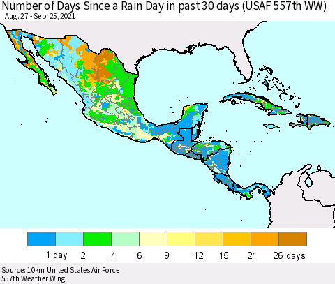 Mexico Central America and the Caribbean Number of Days Since a Rain Day in past 30 days (USAF 557th WW) Thematic Map For 9/21/2021 - 9/25/2021