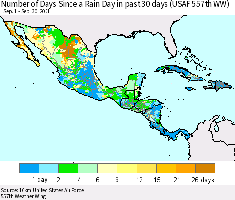 Mexico Central America and the Caribbean Number of Days Since a Rain Day in past 30 days (USAF 557th WW) Thematic Map For 9/26/2021 - 9/30/2021