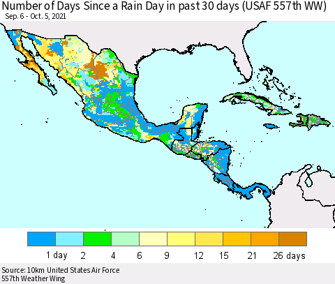 Mexico Central America and the Caribbean Number of Days Since a Rain Day in past 30 days (USAF 557th WW) Thematic Map For 10/1/2021 - 10/5/2021