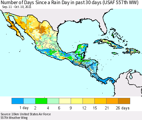 Mexico Central America and the Caribbean Number of Days Since a Rain Day in past 30 days (USAF 557th WW) Thematic Map For 10/6/2021 - 10/10/2021