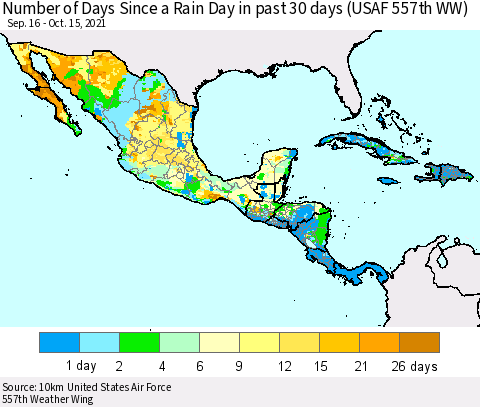 Mexico Central America and the Caribbean Number of Days Since a Rain Day in past 30 days (USAF 557th WW) Thematic Map For 10/11/2021 - 10/15/2021