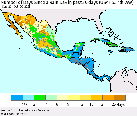 Mexico Central America and the Caribbean Number of Days Since a Rain Day in past 30 days (USAF 557th WW) Thematic Map For 10/16/2021 - 10/20/2021