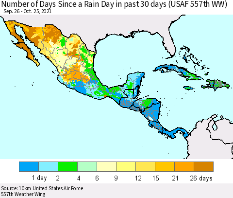 Mexico Central America and the Caribbean Number of Days Since a Rain Day in past 30 days (USAF 557th WW) Thematic Map For 10/21/2021 - 10/25/2021
