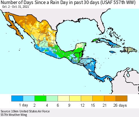 Mexico Central America and the Caribbean Number of Days Since a Rain Day in past 30 days (USAF 557th WW) Thematic Map For 10/26/2021 - 10/31/2021