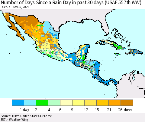 Mexico Central America and the Caribbean Number of Days Since a Rain Day in past 30 days (USAF 557th WW) Thematic Map For 11/1/2021 - 11/5/2021