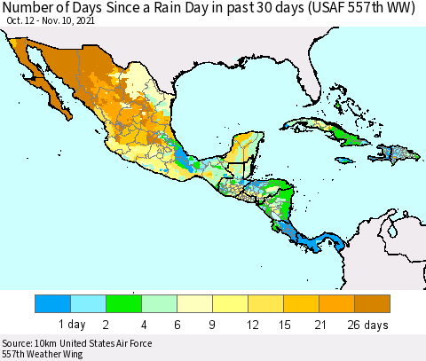 Mexico Central America and the Caribbean Number of Days Since a Rain Day in past 30 days (USAF 557th WW) Thematic Map For 11/6/2021 - 11/10/2021