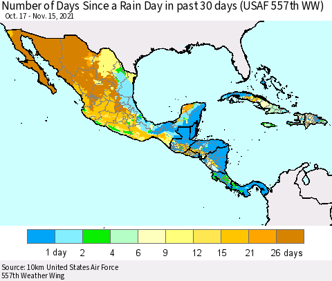 Mexico Central America and the Caribbean Number of Days Since a Rain Day in past 30 days (USAF 557th WW) Thematic Map For 11/11/2021 - 11/15/2021