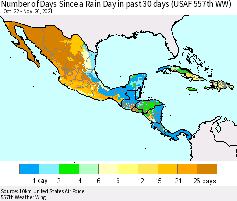 Mexico Central America and the Caribbean Number of Days Since a Rain Day in past 30 days (USAF 557th WW) Thematic Map For 11/16/2021 - 11/20/2021