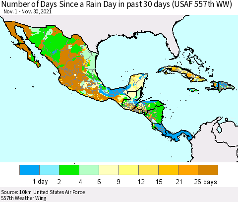 Mexico Central America and the Caribbean Number of Days Since a Rain Day in past 30 days (USAF 557th WW) Thematic Map For 11/26/2021 - 11/30/2021