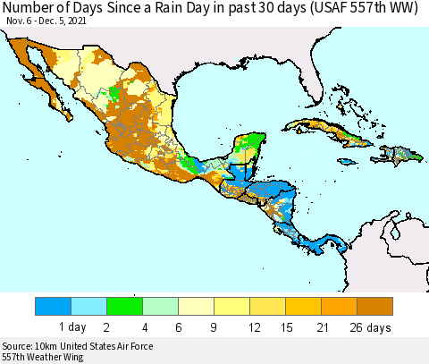 Mexico Central America and the Caribbean Number of Days Since a Rain Day in past 30 days (USAF 557th WW) Thematic Map For 12/1/2021 - 12/5/2021