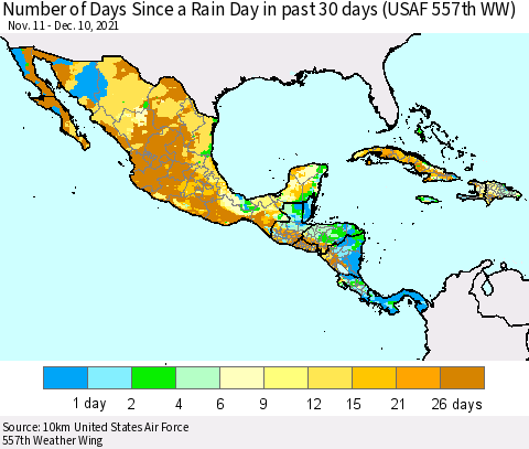 Mexico Central America and the Caribbean Number of Days Since a Rain Day in past 30 days (USAF 557th WW) Thematic Map For 12/6/2021 - 12/10/2021
