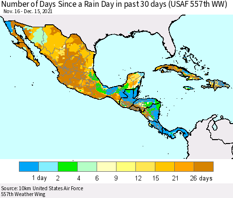 Mexico Central America and the Caribbean Number of Days Since a Rain Day in past 30 days (USAF 557th WW) Thematic Map For 12/11/2021 - 12/15/2021