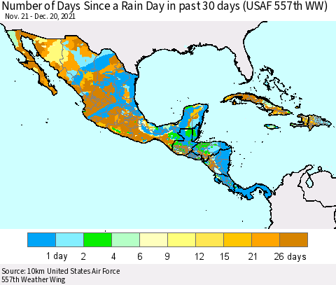 Mexico Central America and the Caribbean Number of Days Since a Rain Day in past 30 days (USAF 557th WW) Thematic Map For 12/16/2021 - 12/20/2021