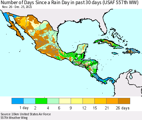 Mexico Central America and the Caribbean Number of Days Since a Rain Day in past 30 days (USAF 557th WW) Thematic Map For 12/21/2021 - 12/25/2021