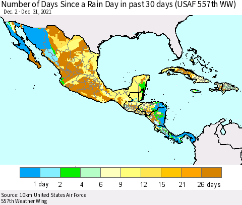 Mexico Central America and the Caribbean Number of Days Since a Rain Day in past 30 days (USAF 557th WW) Thematic Map For 12/26/2021 - 12/31/2021