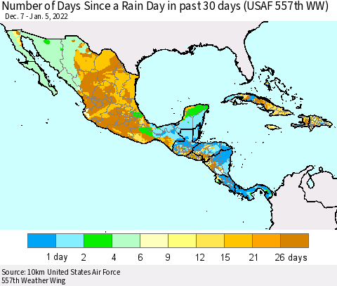 Mexico Central America and the Caribbean Number of Days Since a Rain Day in past 30 days (USAF 557th WW) Thematic Map For 1/1/2022 - 1/5/2022